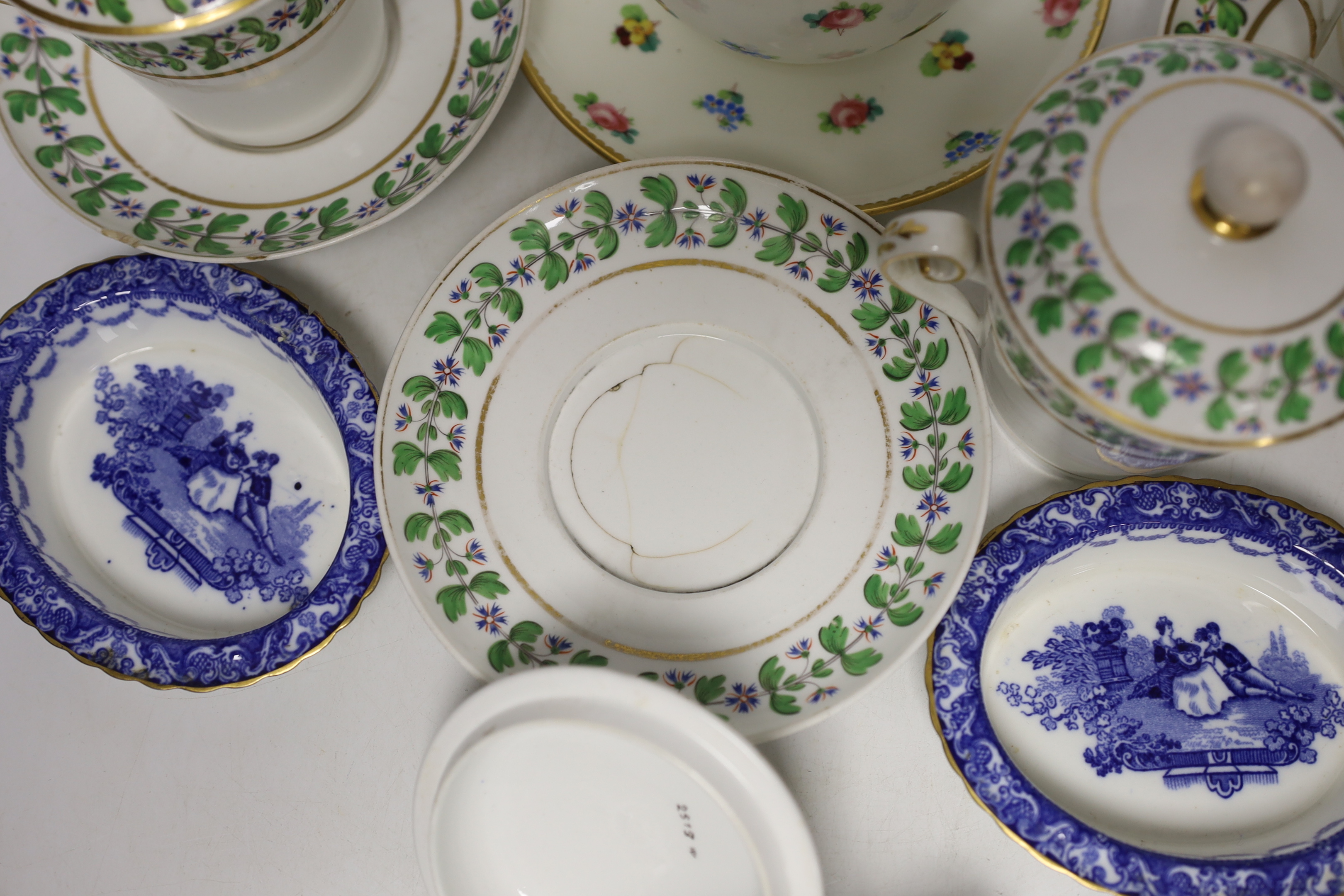A moustache cup and other English tableware including a pair of Royal Doulton blue and white printed dishes